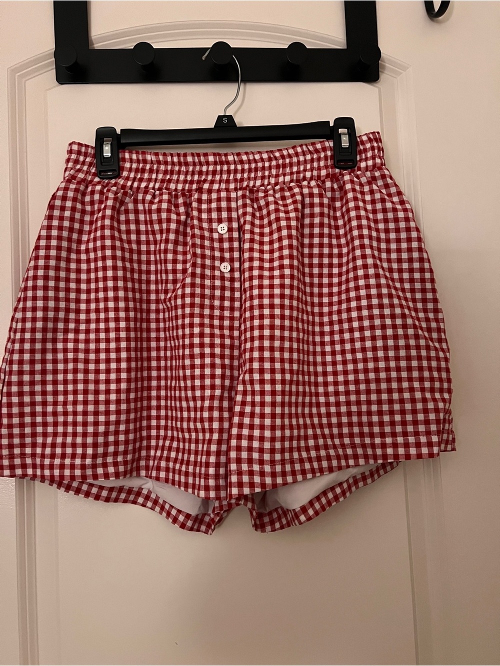 Red Gingham Elastic-Waist Women’s Shorts